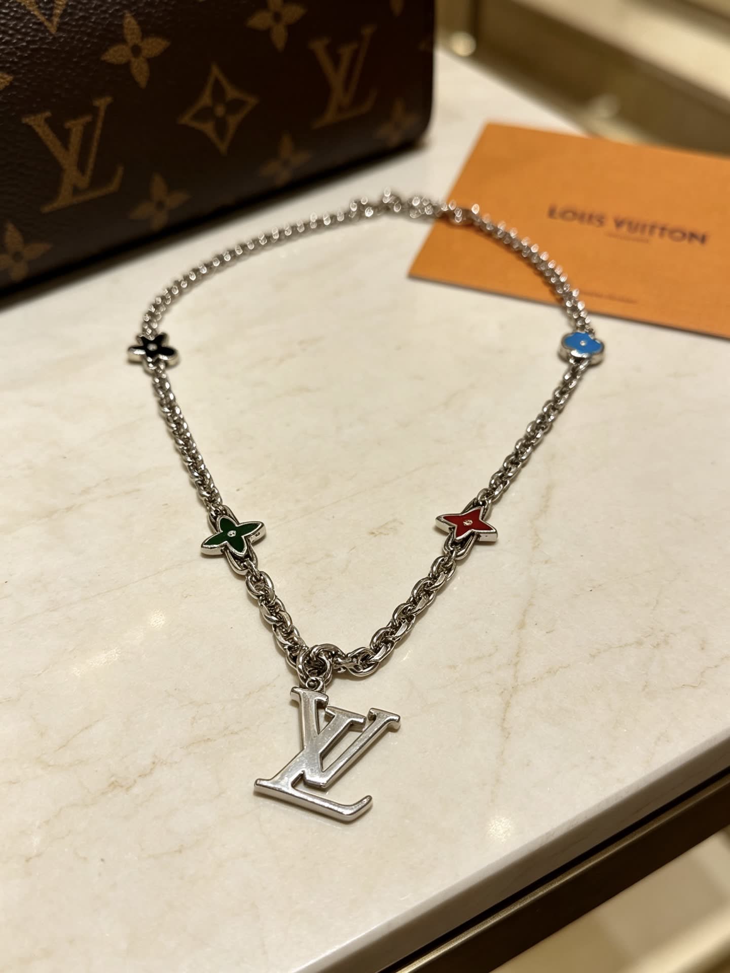 Louis Vuitton Silver Tone Multi-Color Flower Necklace